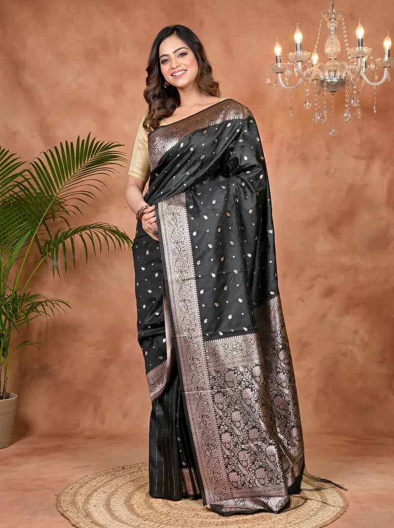 DipDiya Cotton Silk Black Parova Classic Bengali Tanchui Sarees