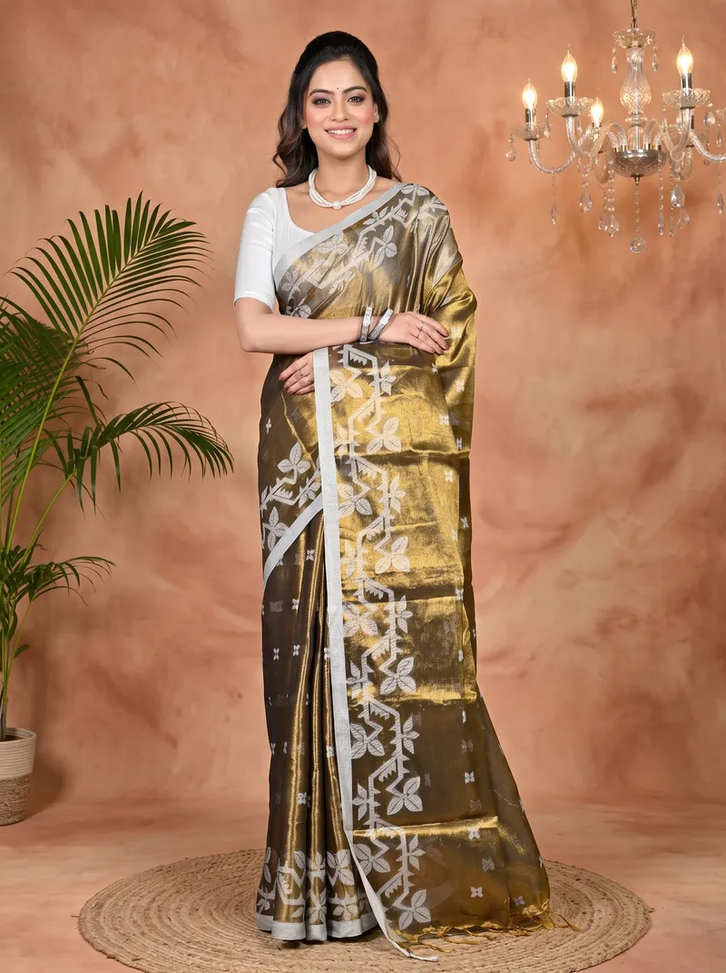 DipDiya Cotton Silk Brown Parashar Woven by Hand Tissue Jamdani Sarees