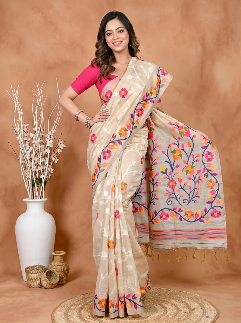 DipDiya Cotton Silk Cream Parmix Essence of Bengal Handloom Sarees