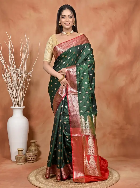 DipDiya Cotton Silk Dark Green Red Samay Heritage of Bengali Kathan Sarees
