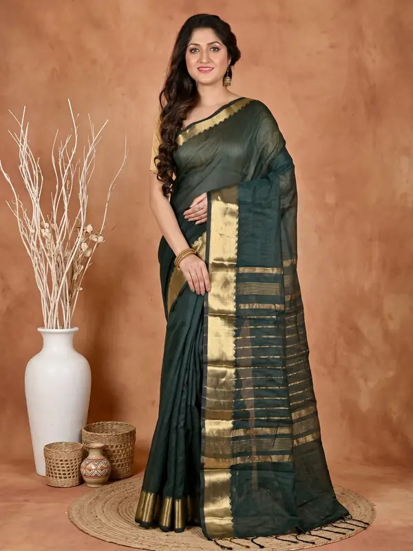 DipDiya Cotton Silk Dark Green Sikra Rooted in Bengal Handloom Sarees