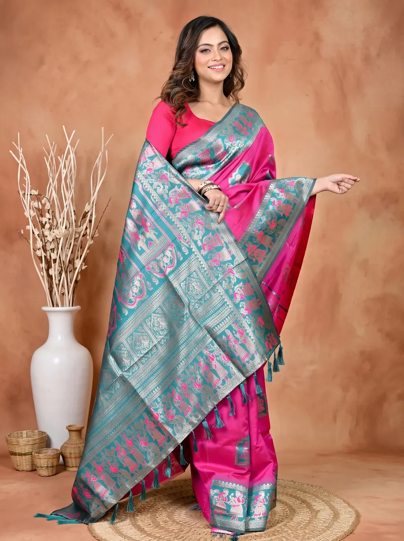DipDiya Cotton Silk Dark Pink Green Parza Bengal’s Tradition Baluchari Sarees