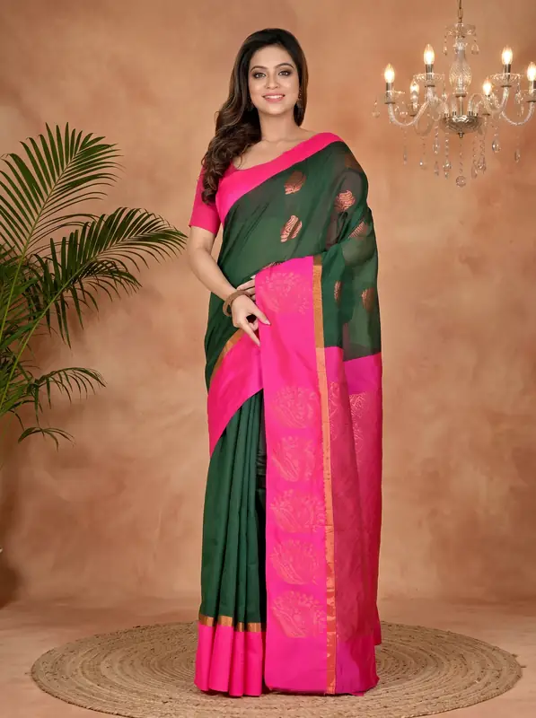 DipDiya Cotton Silk Drak Green Purple Kakin Elegance in Every Weave Handloom Sarees