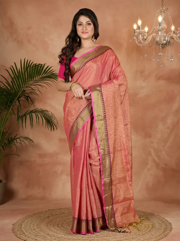 DipDiya Cotton Silk Golden Pink Tisuka Par Woven with Tradition Handloom Sarees