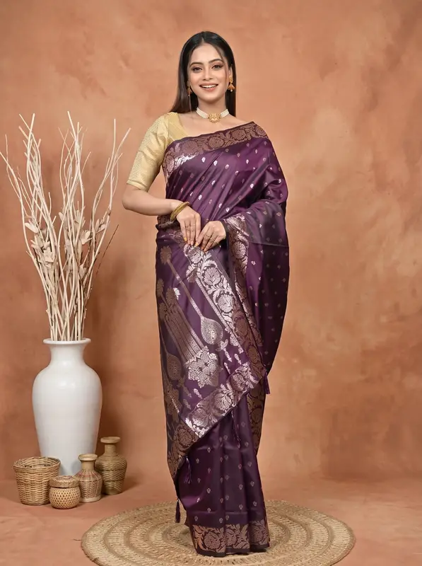 DipDiya Cotton Silk Grape Purple Samina Heritage of Bengali Tanchui Sarees