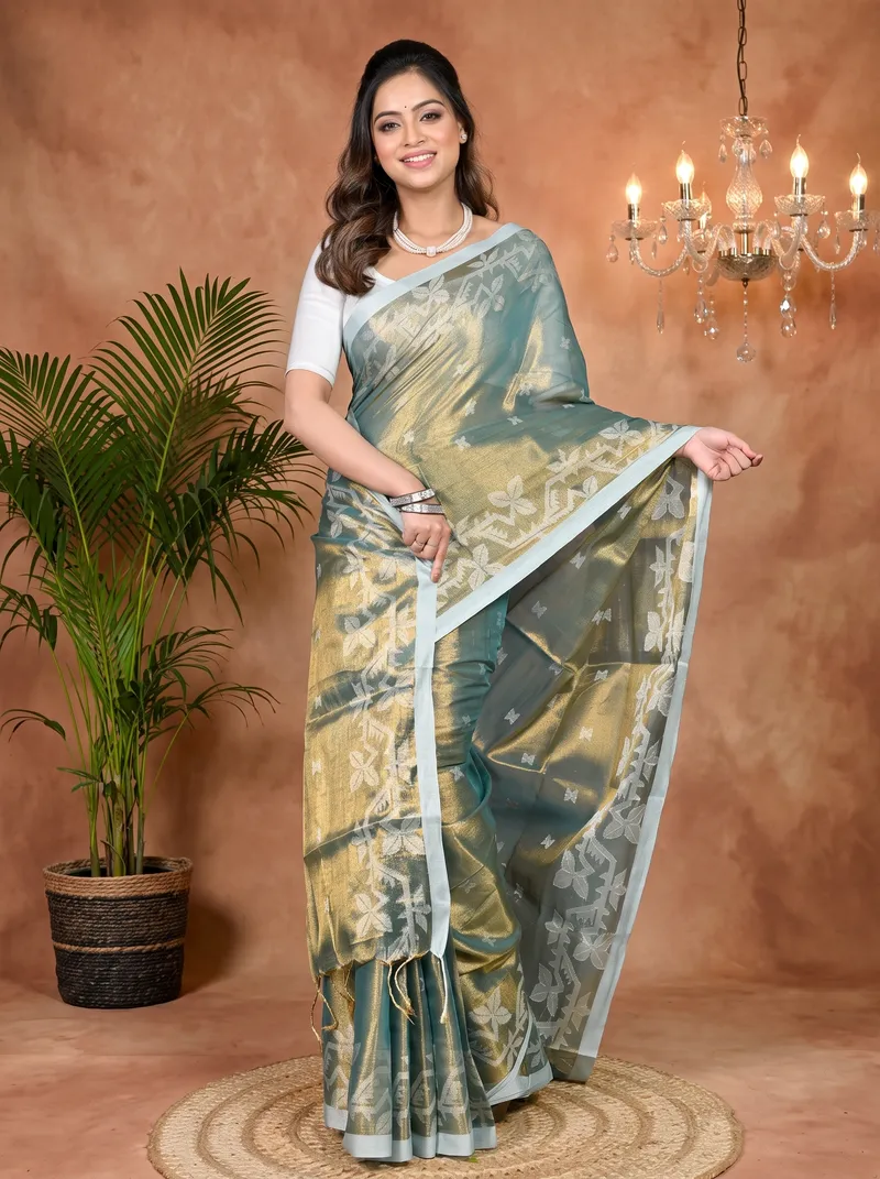 DipDiya Cotton Silk Olive Green Parashar Woven with Love Tissue Jamdani Sarees