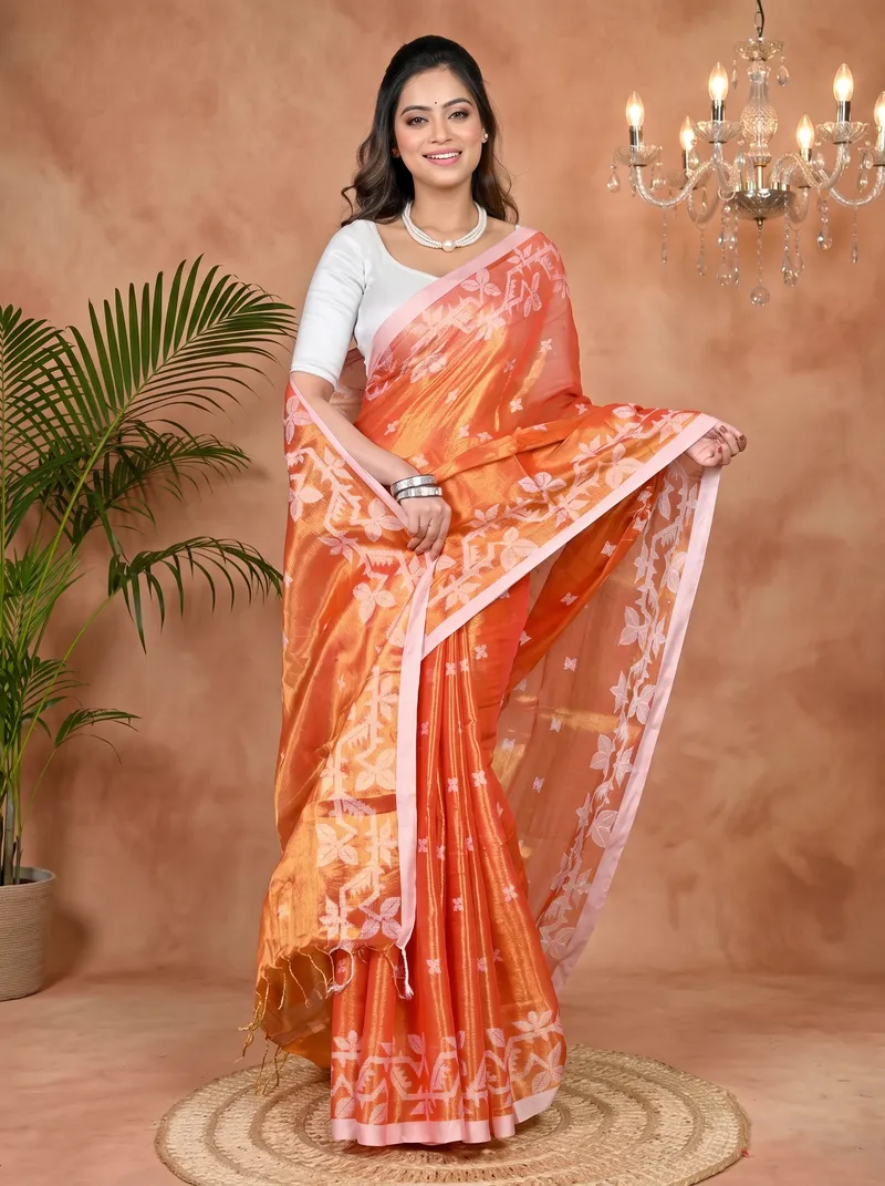 DipDiya Cotton Silk Orange Parashar Woven with Tradition Tissue Jamdani Sarees