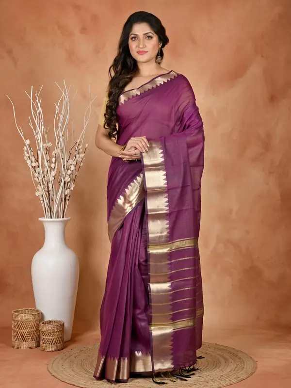 DipDiya Cotton Silk Purple Sikra Regal Bengali Handloom Sarees