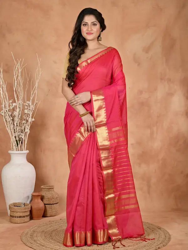 DipDiya Cotton Silk Rani Pink Sikra Stories of Bengal Handloom Sarees