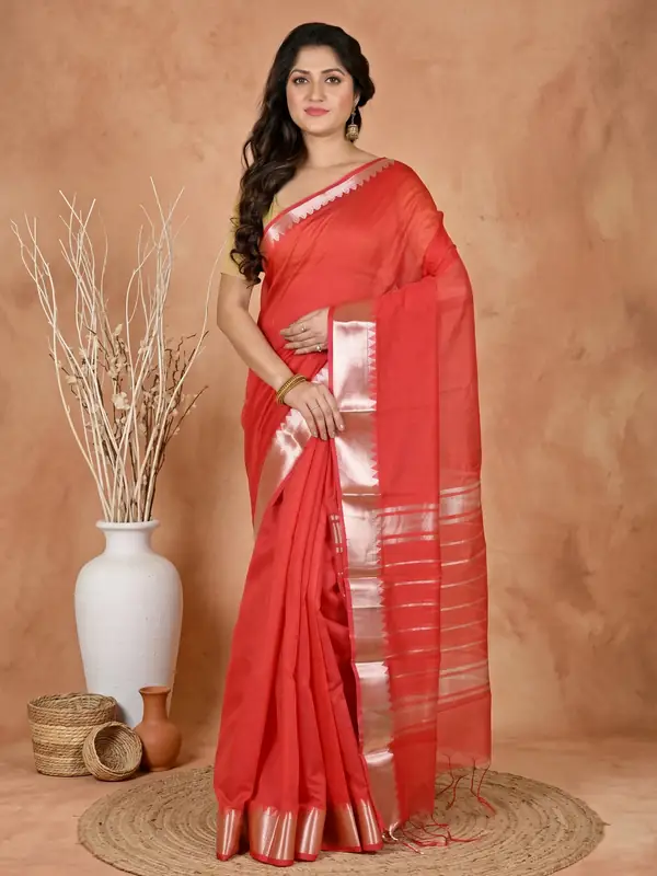 DipDiya Cotton Silk Red Sikra Pure Bengali Grace Handloom Sarees