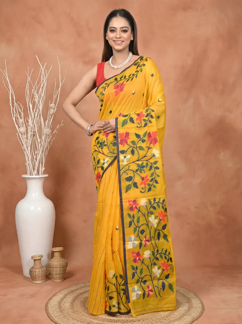 DipDiya Cotton Silk  Traditional Bengali Yellow Artisan Crafted Parmix Handloom Saree