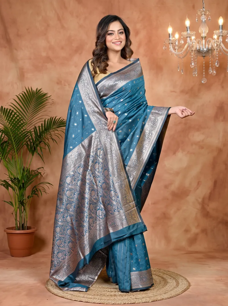 DipDiya Cotton Silk Turquoise Blue Parova Bengali Heritage Tanchui Sarees