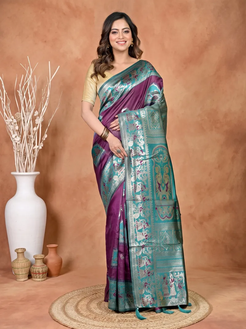 DipDiya Cotton Silk Violet Green Parza Bengali Heritage Baluchari Sarees