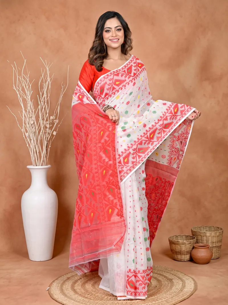 DipDiya Cotton Silk White Red Parmix Crafted with Soul Handloom Sarees