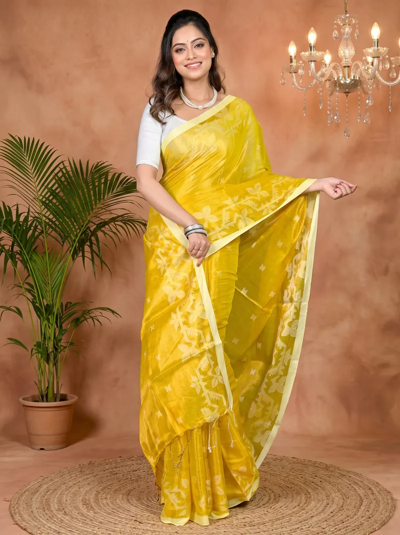 DipDiya Cotton Silk Yellow Parashar Traditional Elegance Tissue Jamdani Sarees
