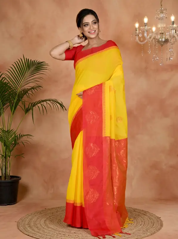 DipDiya Cotton Silk Yellow Red Kakin Elegant by Tradition Handloom Sarees