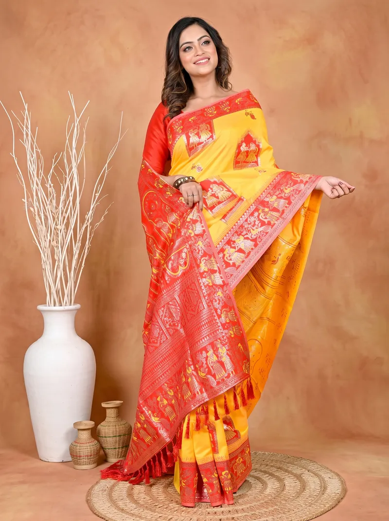 DipDiya Cotton Silk Yellow Red Parza Artisan Woven Baluchari Sarees