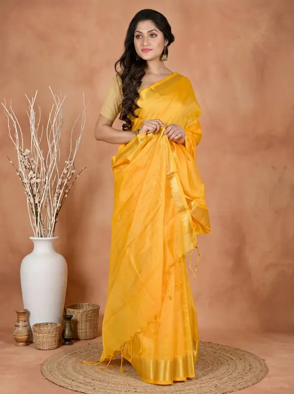 DipDiya Cotton Silk Yellow Sikra Masterfully Woven Handloom Sarees