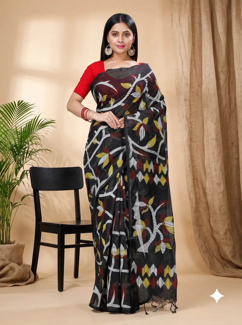 DipDiya Cotton  Traditional Bengali Black Artisan Crafted Naren Handloom Saree