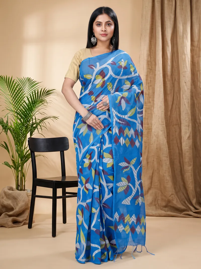 DipDiya Cotton  Traditional Bengali Blue Artisan Crafted Naren Handloom Saree