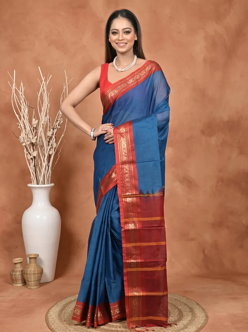 DipDiya Cotton  Traditional Bengali Blue Red Artisan Crafted Parlik Gadwal Saree