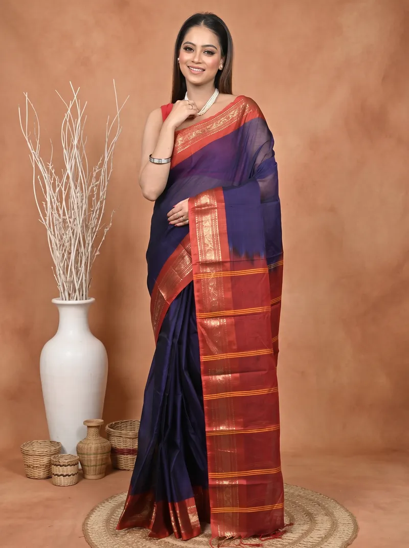 DipDiya Cotton  Traditional Bengali Dark Blue Artisan Crafted Parlik Gadwal Saree