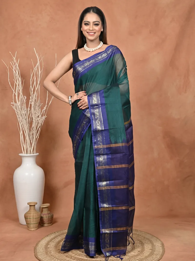 DipDiya Cotton  Traditional Bengali Dark Green Blue Artisan Crafted Parlik Gadwal Saree