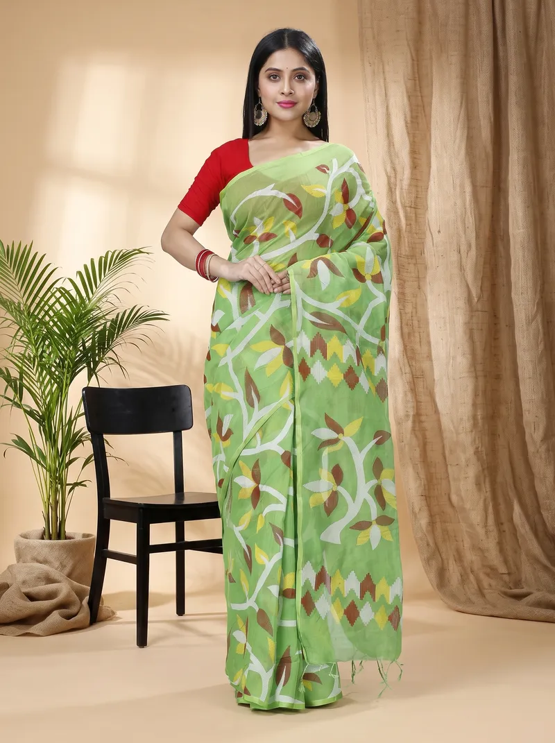 DipDiya Cotton  Traditional Bengali Green Artisan Crafted Naren Handloom Saree