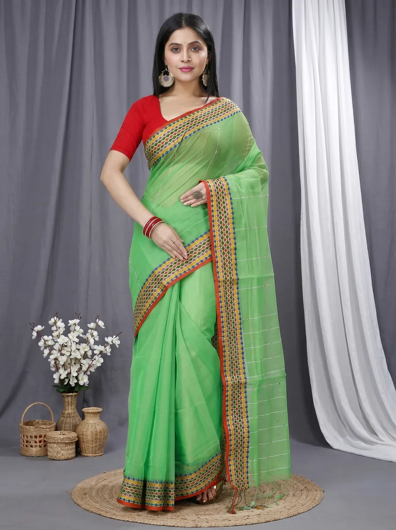 DipDiya Cotton  Traditional Bengali Green Artisan Crafted Popkn Handloom Saree