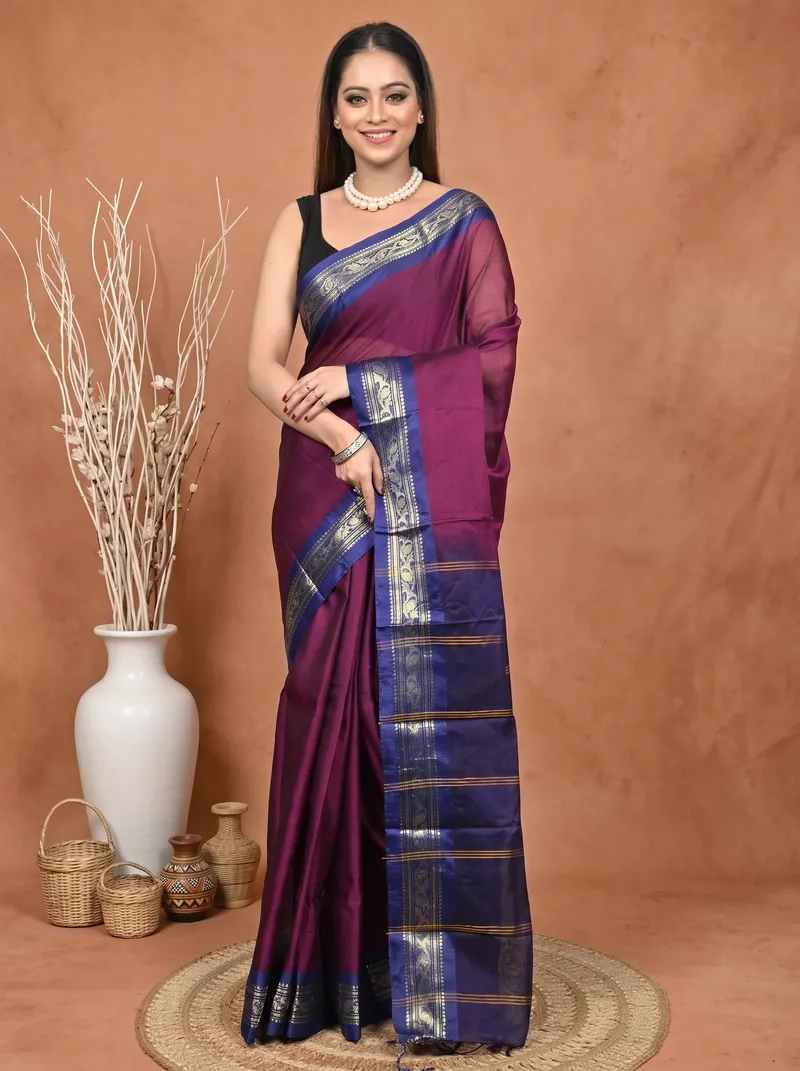 DipDiya Cotton  Traditional Bengali Magenta Artisan Crafted Parlik Gadwal Saree
