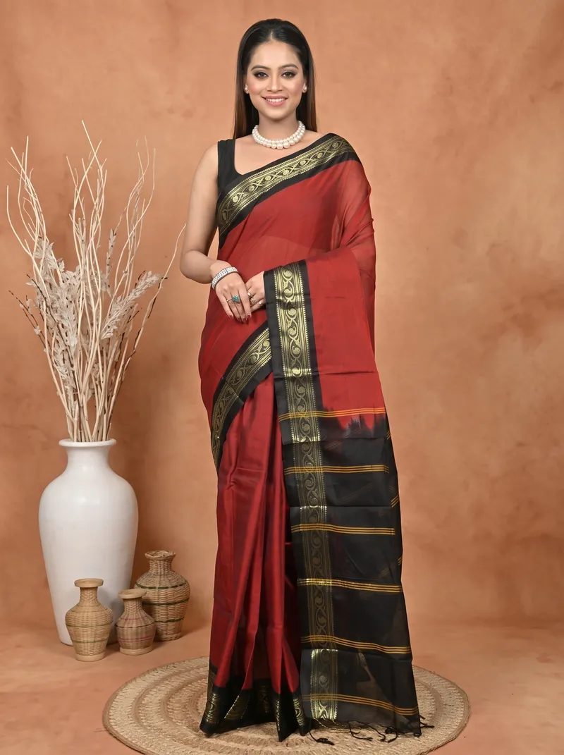DipDiya Cotton  Traditional Bengali Maroon Black Artisan Crafted Parlik Gadwal Saree