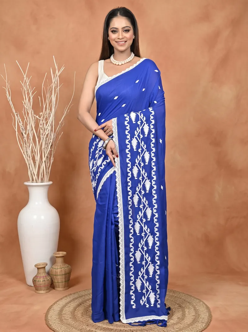 DipDiya Cotton  Traditional Bengali Naby Blue Artisan Crafted Parepu Handloom Saree