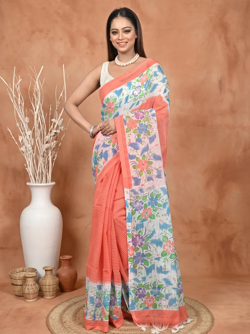 DipDiya Cotton  Traditional Bengali Orange White Artisan Crafted Soupon Kota Fabric Saree