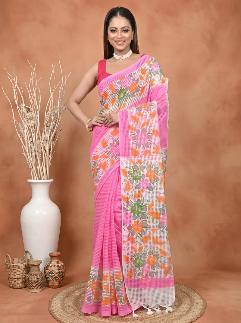 DipDiya Cotton  Traditional Bengali Pink White Artisan Crafted Soupon Kota Fabric Saree