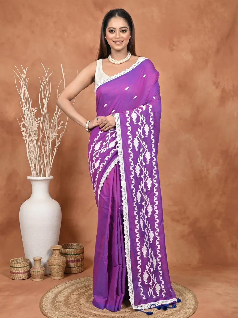 DipDiya Cotton  Traditional Bengali Purple Artisan Crafted Parepu Handloom Saree
