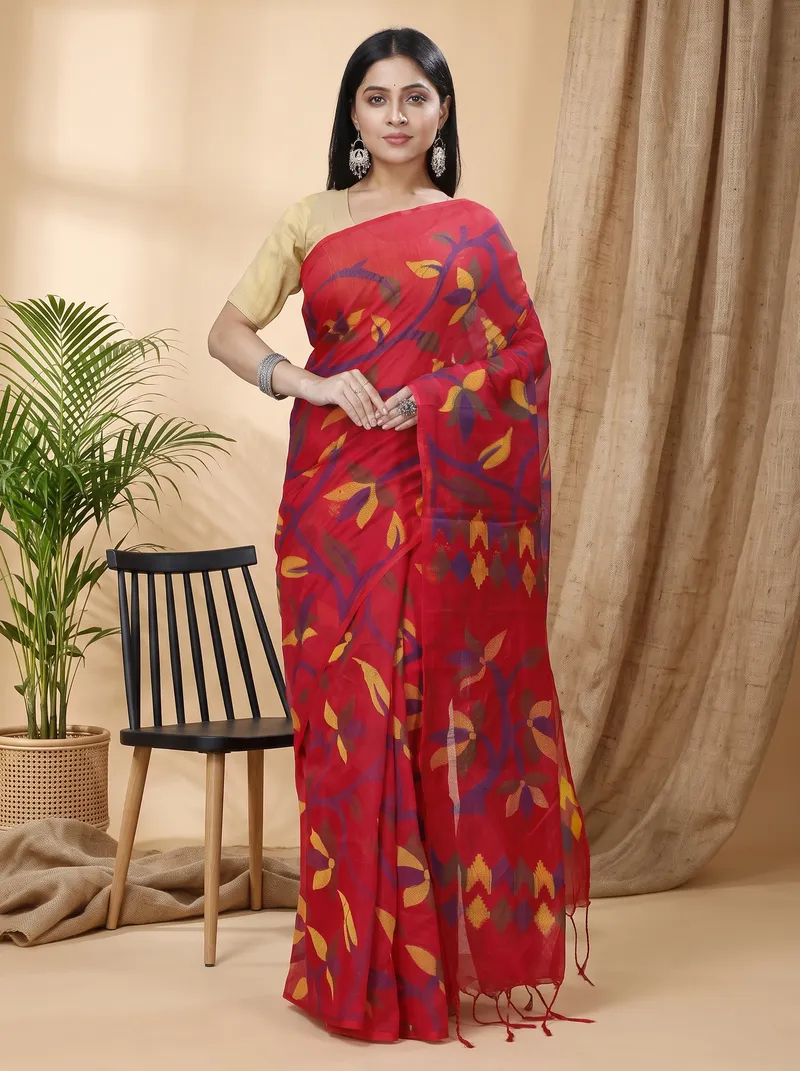DipDiya Cotton  Traditional Bengali Red Artisan Crafted Naren Handloom Saree