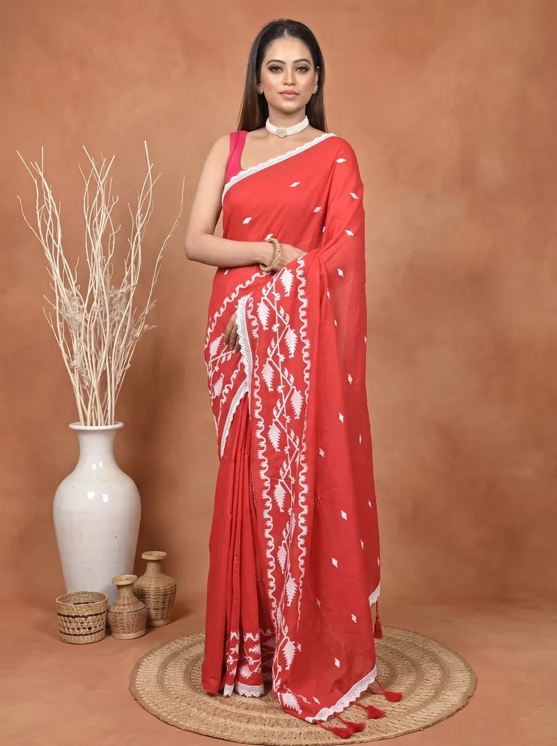 DipDiya Cotton  Traditional Bengali Red Artisan Crafted Parepu Handloom Saree