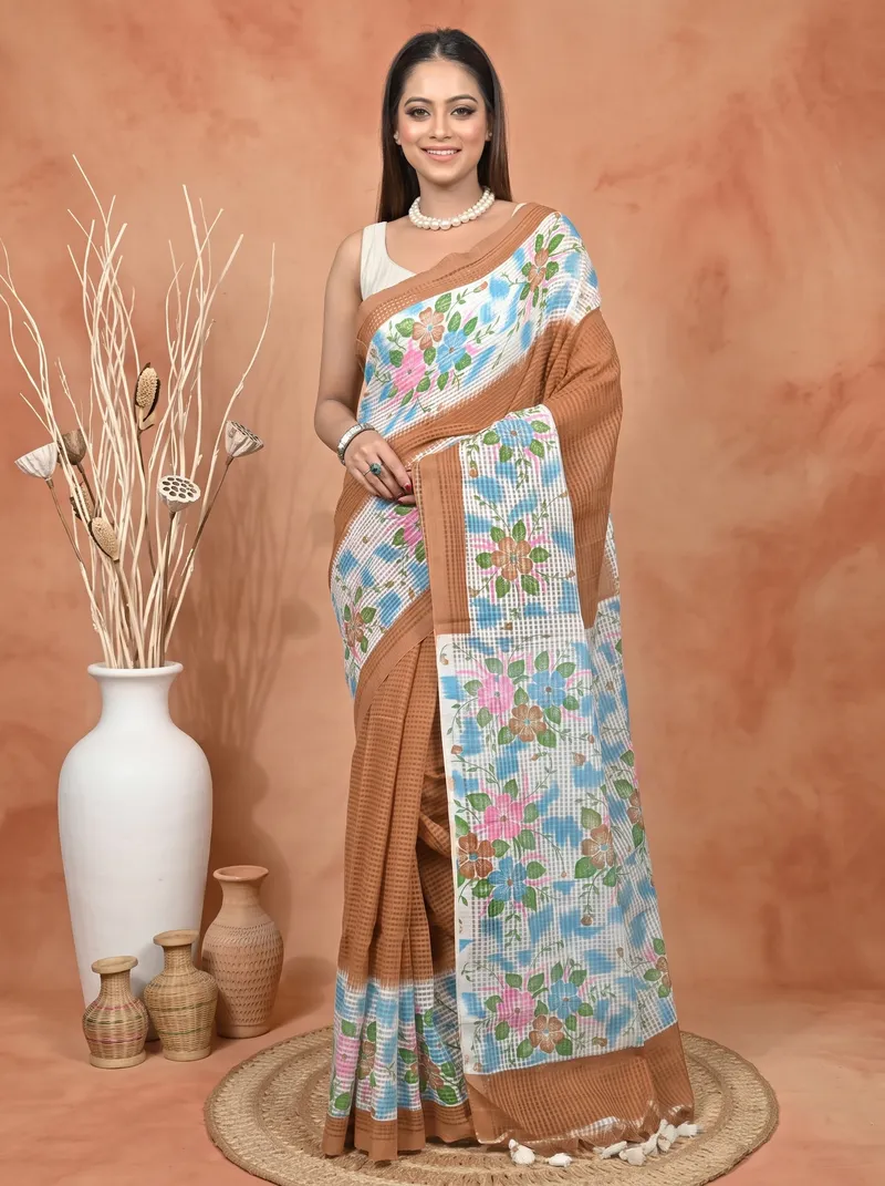 DipDiya Cotton  Traditional Bengali White Brown Artisan Crafted Soupon Kota Fabric Saree