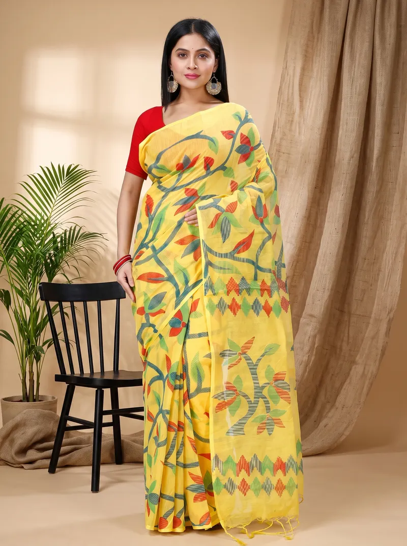 DipDiya Cotton  Traditional Bengali Yellow Artisan Crafted Naren Handloom Saree