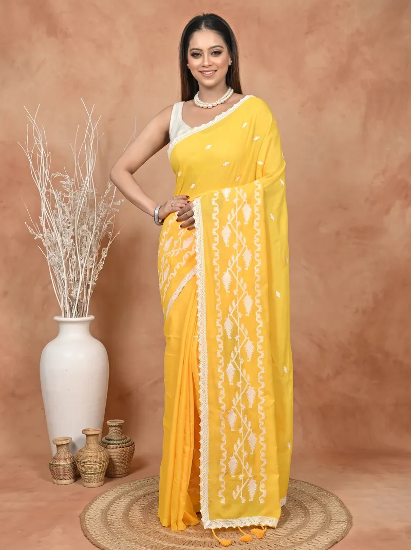 DipDiya Cotton  Traditional Bengali Yellow Artisan Crafted Parepu Handloom Saree