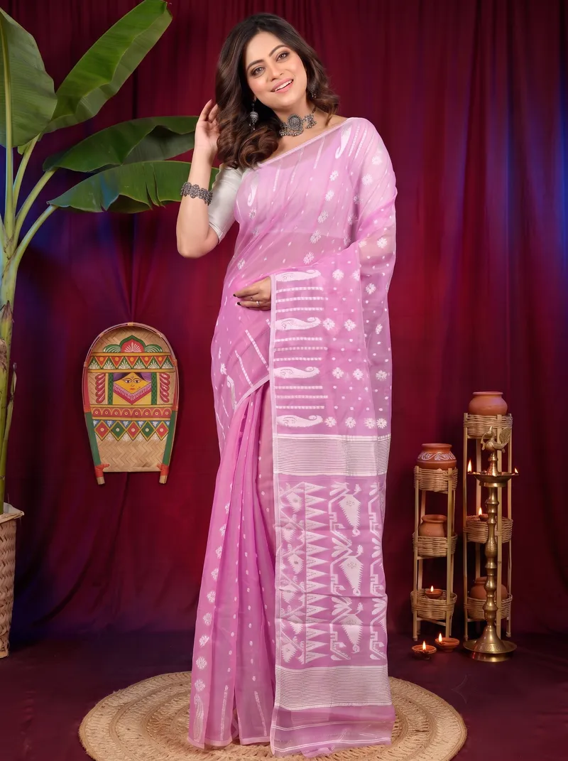 DipDiya Cotton Violet Folai Classic Grace Jamdani Sarees