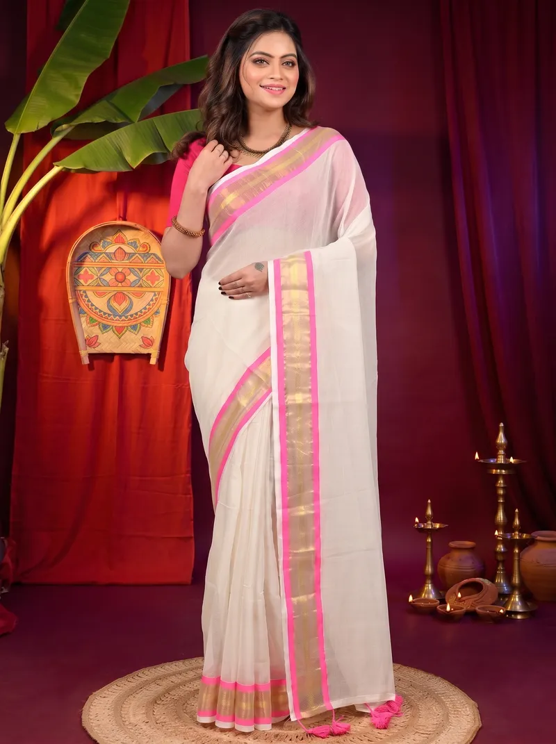 DipDiya Cotton White Pink Sofeda Timeless Elegance Handloom Sarees