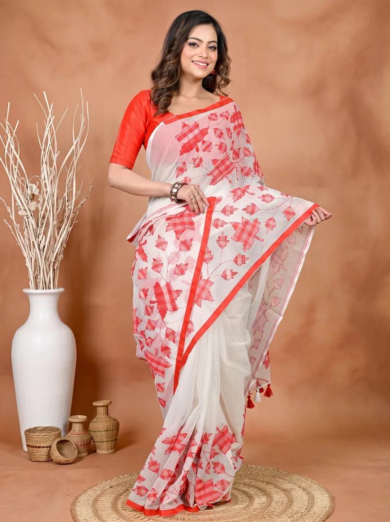 DipDiya Cotton White Red Variti Aplic Heritage You Can Wear Applique Sarees
