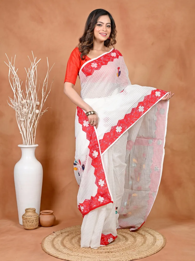 DipDiya Cotton White Red Variti Aplic Masterfully Woven Applique Sarees