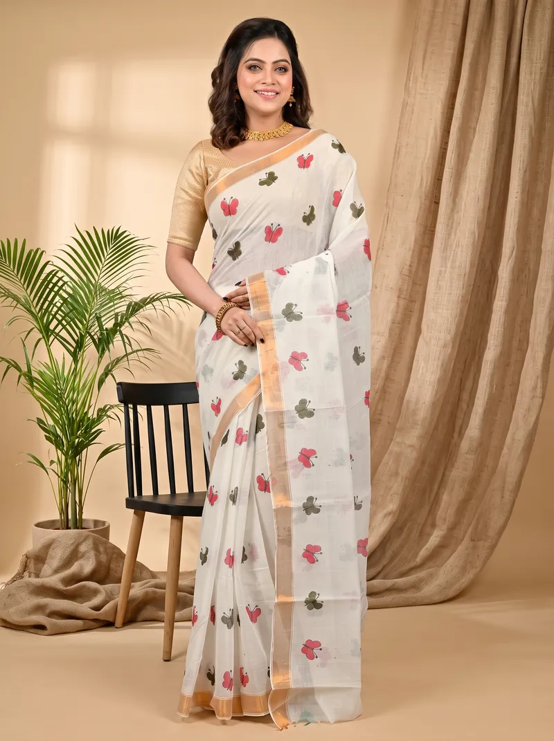 DipDiya Cotton White Variti pritat Stories of Bengal Printed Handloom Sarees