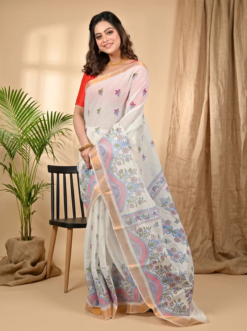 DipDiya Cotton White Variti pritat The Bengali Classic Printed Handloom Sarees