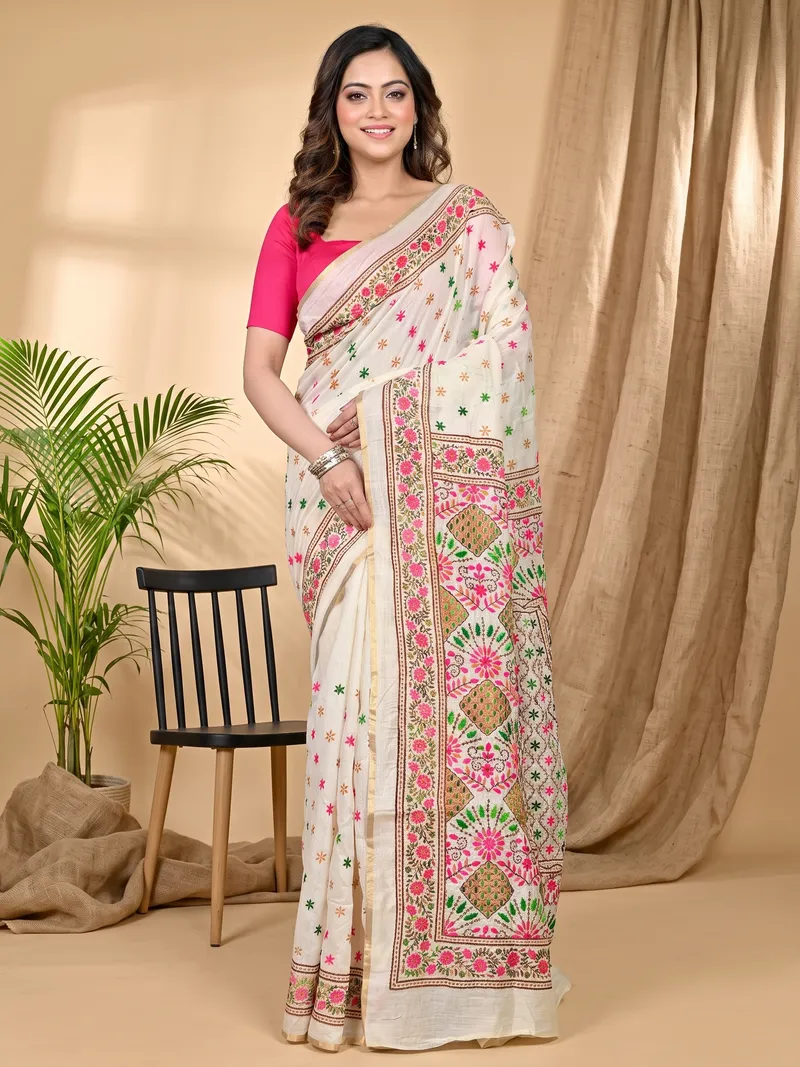 DipDiya Cotton White Varitikath Crafted with Soul Kantha Stitch Sarees