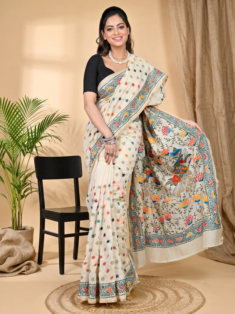 DipDiya Cotton White Varitikath Essence of Bengal Kantha Stitch Sarees