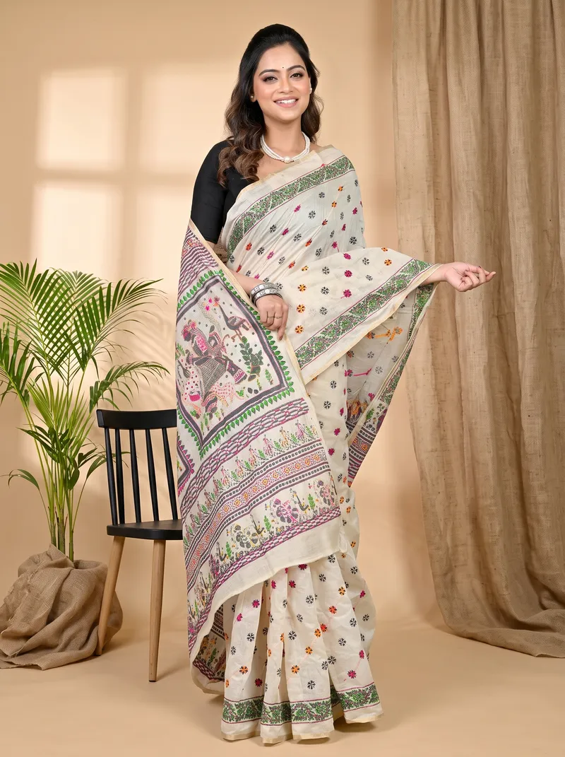 DipDiya Cotton White Varitikath Grace of Bengal Kantha Stitch Sarees