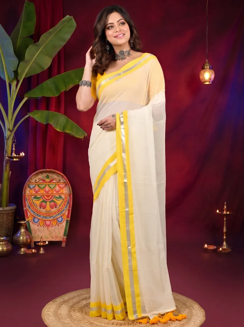 DipDiya Cotton White Yellow Sofeda Traditional Elegance Handloom Sarees
